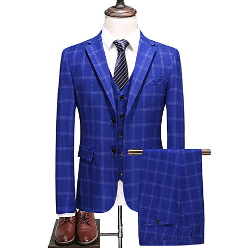 

Royal Blue Checkered Slim Fit Polyester Suit - Notch Single Breasted Two-buttons / Suits