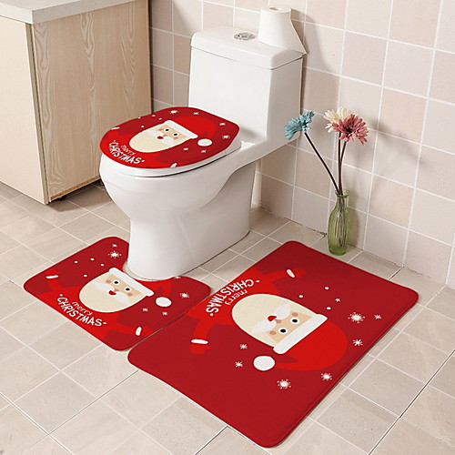 

Christmas Door Mat 3 Piece Bathroom Bath Mat Rug Set with Toilet Lid Cover/Christmas Door Mat Theme Polyester Knitted Stretch