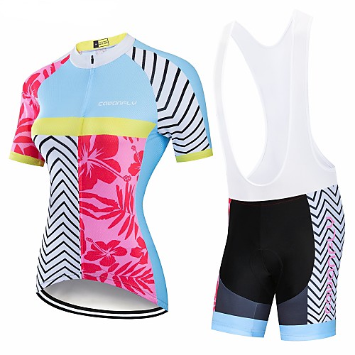 

CAWANFLY Women's Short Sleeve Cycling Jersey with Bib Shorts BluePink Floral Botanical Bike Clothing Suit 3D Pad Quick Dry Winter Sports Spandex Lycra Floral Botanical Mountain Bike MTB Road Bike