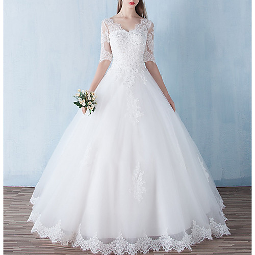 

A-Line Wedding Dresses V Neck Floor Length Polyester Half Sleeve Formal Mordern Backless Illusion Sleeve with Lace Insert 2020