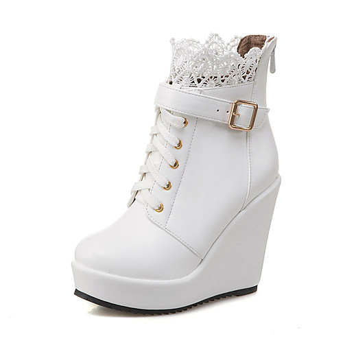 

Women's Boots Wedge Heel Round Toe PU Booties / Ankle Boots Casual / British Fall & Winter Black / White / Party & Evening