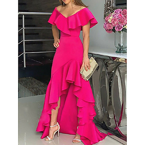 

A-Line Minimalist Party Wear Formal Evening Valentine's Day Dress Off Shoulder Sleeveless Asymmetrical Stretch Satin with Ruffles Split 2021