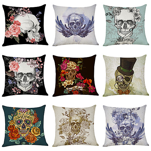 

Set of 9 Linen Pillow Cover, Printing Skeleton Punk Fashion Throw Pillow