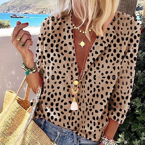 

Women's Leopard Shirt Daily Shirt Collar Khaki / Silver