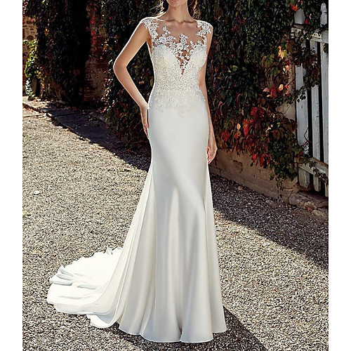 

Mermaid / Trumpet Wedding Dresses Jewel Neck Sweep / Brush Train Chiffon Cap Sleeve Illusion Detail Backless with Lace Insert 2021