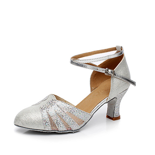 

Women's Modern Shoes Ballroom Shoes Heel Paillette Cuban Heel Blue Gold Silver