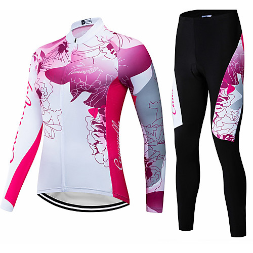 

CAWANFLY Women's Long Sleeve Cycling Jersey with Tights Winter Fleece Red and White Floral Botanical Bike Clothing Suit Mountain Bike MTB Road Bike Cycling Breathable Quick Dry Back Pocket Sports