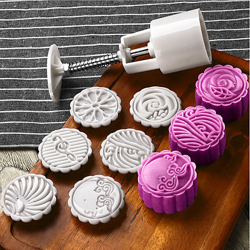 

6pcs Flower Mooncake Mold Mid-Autumn Festival Hand Pressure Mould DIY Tool Cookie Cutter Cake Bakeware 1 Barrel with 5 Stamps Set