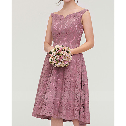 

A-Line V Neck Knee Length Lace Bridesmaid Dress with Pleats