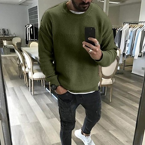 

Men's Solid Colored Pullover Long Sleeve Sweater Cardigans Round Neck Black Khaki Green