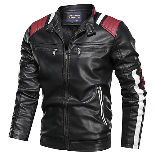 

Men's Color Block Basic Fall & Winter Faux Leather Jacket Regular Daily Long Sleeve Faux Leather Coat Tops Black