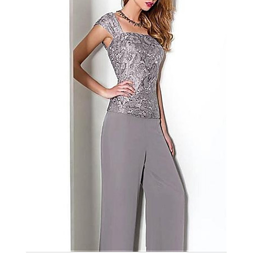 

Two Piece Pantsuit / Jumpsuit Mother of the Bride Dress Wrap Included Square Neck Floor Length Chiffon 3/4 Length Sleeve with Appliques Ruching 2020