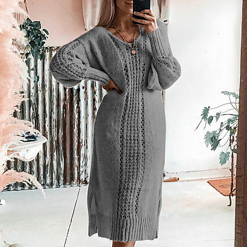 

Women's A Line Dress - Long Sleeve Solid Colored Basic Daily Wear Light Brown Green Gray S M L XL XXL