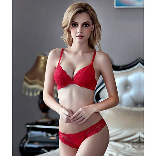 

Women's Push-up Balcony Bra & Panty Set Print Sexy Wine Black Blue
