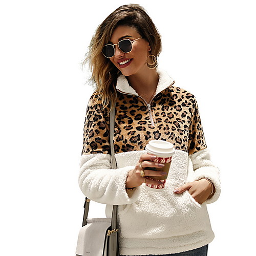 

Women's Sweatshirt Teddy Coat Leopard Cheetah Print Quarter Zip Basic Hoodies Sweatshirts White Black Wine