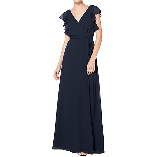 

A-Line V Neck Floor Length Chiffon Bridesmaid Dress with Ruffles