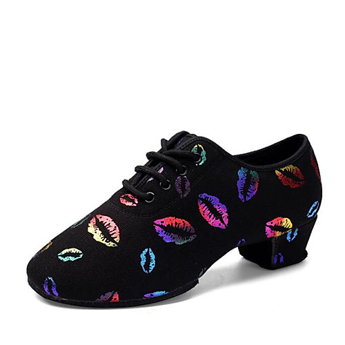 

Girls' Jazz Shoes Canvas Lace-up Heel Thick Heel Customizable Dance Shoes Black