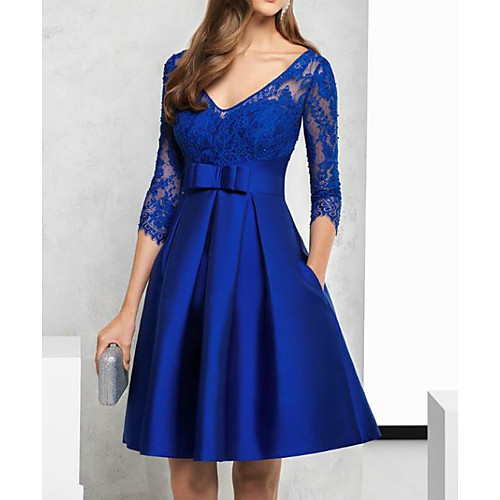 

A-Line Beautiful Back Holiday Cocktail Party Dress Plunging Neck 3/4 Length Sleeve Short / Mini Lace Satin with Sash / Ribbon Beading 2021