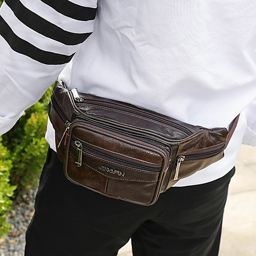 

Unisex Zipper Cowhide Fanny Pack Solid Color Black / Brown