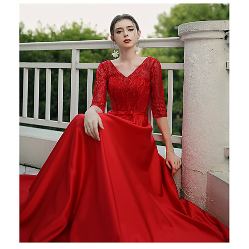 

A-Line Elegant Formal Evening Dress V Wire Half Sleeve Floor Length Lace Jersey Cotton with Lace Insert 2020