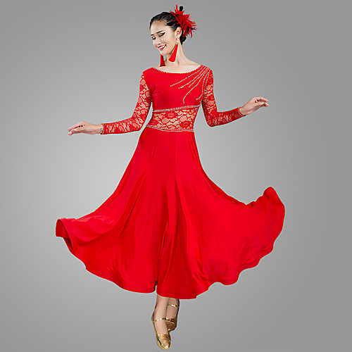 

Ballroom Dance Dress Lace Split Joint Crystals / Rhinestones Women's Training Performance Long Sleeve Natural Chinlon Ice Silk