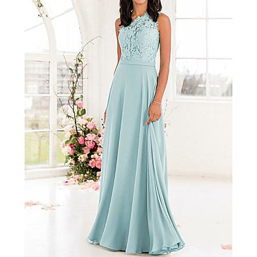 

A-Line One Shoulder Floor Length Chiffon / Lace Bridesmaid Dress with