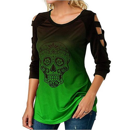 

Women's T shirt Skull Long Sleeve Round Neck Tops Basic Top Blue Purple Red