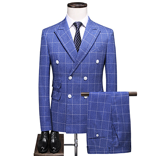 

Blue Checkered Slim Fit Polyester Suit - Peak Double Breasted Four-buttons