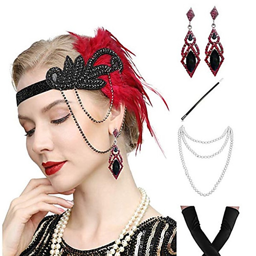 

The Great Gatsby Vintage 1920s The Great Gatsby Gloves Flapper Headband Women's Feather Costume Necklace Earrings Black / Red Vintage Cosplay Festival / Headwear / Headwear