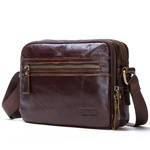 

Men's Zipper Cowhide Crossbody Bag Solid Color Coffee