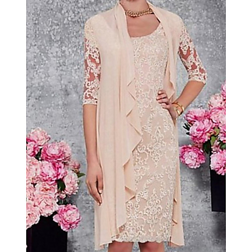 

Two Piece A-Line Mother of the Bride Dress Wrap Included Jewel Neck Knee Length Lace Half Sleeve with Appliques 2021