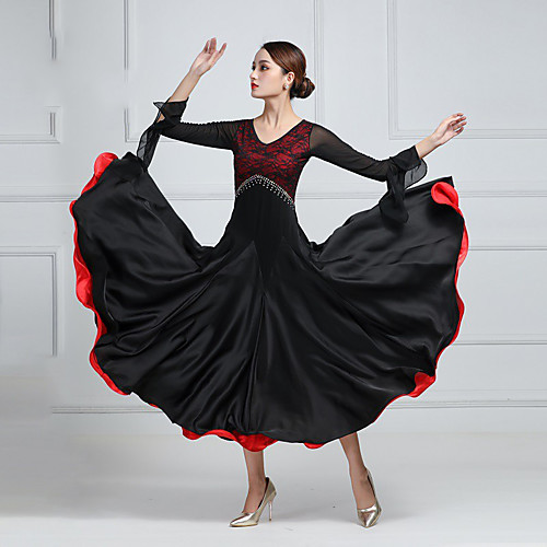 

Ballroom Dance Dress Lace Split Joint Crystals / Rhinestones Women's Training Performance Long Sleeve Imitation Silk