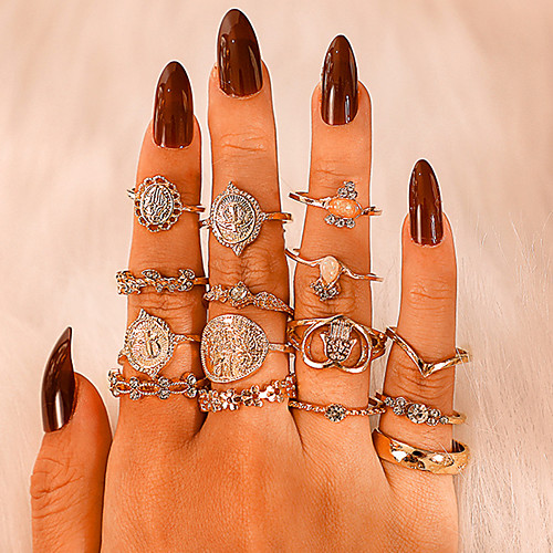 

Women's Ring Ring Set 15pcs Gold Rhinestone Alloy irregular Vintage Trendy Ethnic Gift Daily Jewelry Classic Cross Heart