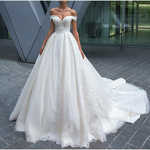 

A-Line Wedding Dresses Off Shoulder Court Train Polyester Short Sleeve Country Glamorous Illusion Detail with Lace Insert 2020
