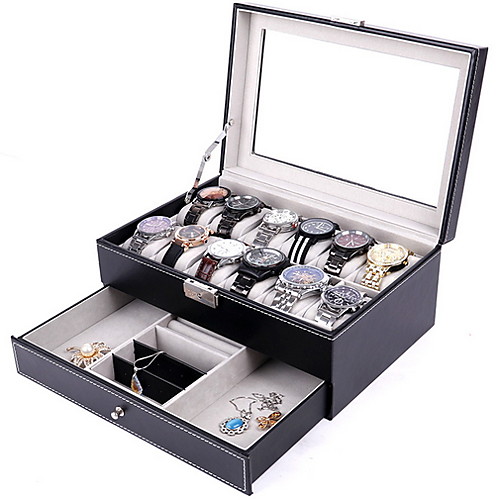 

Watch Box, 12 Slots PU Leather Case Organizer with Jewelry Drawer for Storage and Display