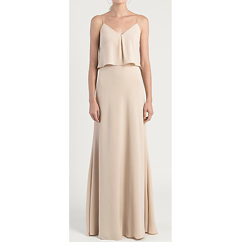 

A-Line V Neck Floor Length Chiffon Bridesmaid Dress with Ruffles