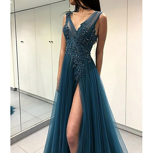 

A-Line Open Back Prom Formal Evening Dress Plunging Neck Sleeveless Floor Length Tulle with Beading Appliques Split Front 2021