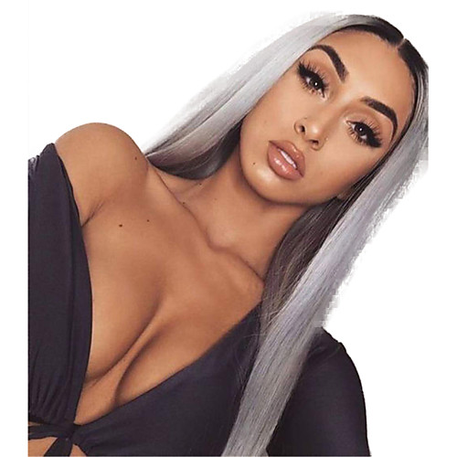 

Synthetic Lace Front Wig Straight Middle Part Lace Front Wig Long Black / Grey Synthetic Hair 18-26 inch Women's Adjustable Heat Resistant Party Gray Ombre