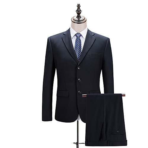 

Navy Blue Solid Colored Slim Fit Polyester Suit - Notch Single Breasted Three-buttons / Suits