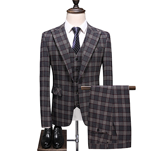 

Gray Checkered Slim Fit Polyester Suit - Peak Single Breasted One-button / Suits