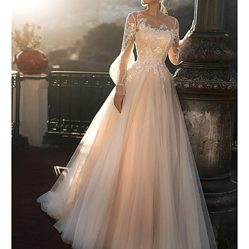 

A-Line Wedding Dresses Jewel Neck Sweep / Brush Train Tulle Long Sleeve Romantic Illusion Sleeve with Buttons Appliques 2021