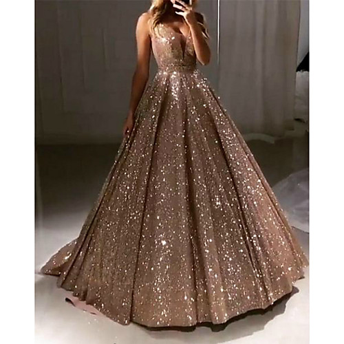 

Ball Gown Luxurious Sparkle Quinceanera Prom Dress V Neck Sleeveless Sweep / Brush Train Sequined with Pleats Sequin 2021