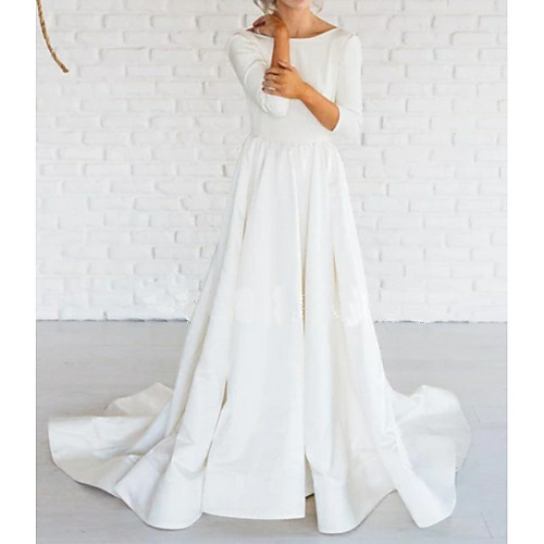 

A-Line Wedding Dresses Bateau Neck Sweep / Brush Train Satin 3/4 Length Sleeve Simple Backless with 2021