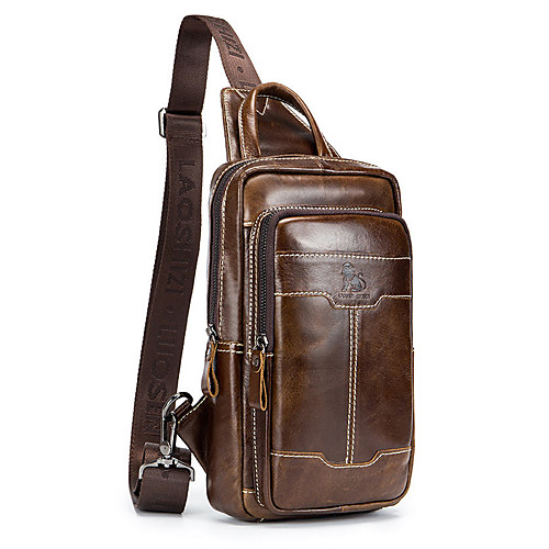 

Men's Zipper Cowhide Sling Shoulder Bag Solid Color Brown / Coffee