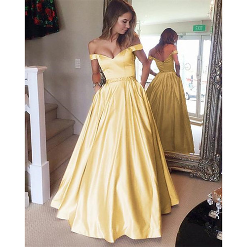 

Ball Gown Elegant Prom Formal Evening Dress Off Shoulder Short Sleeve Floor Length Satin with Pleats Beading 2021
