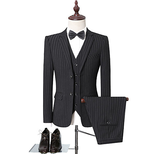 

Black / Gray Striped Standard Fit Polyester Suit - Notch Single Breasted Two-buttons / Suits