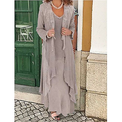 

Two Piece A-Line Mother of the Bride Dress Wrap Included Jewel Neck Floor Length Chiffon Long Sleeve with Appliques 2020
