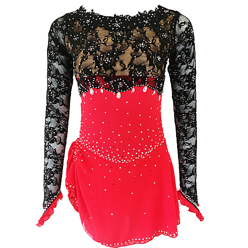 

21Grams Figure Skating Dress Women's Girls' Ice Skating Dress Red Open Back Spandex Micro-elastic Training Skating Wear Classic Crystal / Rhinestone Long Sleeve Ice Skating Figure Skating / Kids