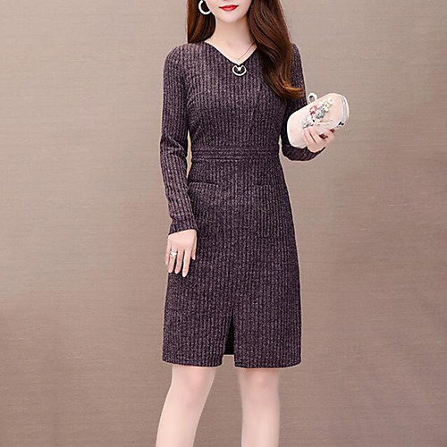 

Women's Purple Gray Dress Elegant Street chic Daily Wear A Line Solid Colored V Neck Pleated L XL