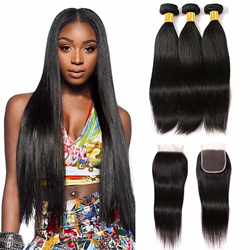 

3 Bundles with Closure Malaysian Hair Straight Human Hair Unprocessed Human Hair 345 g Natural Color Hair Weaves / Hair Bulk Bundle Hair One Pack Solution 8-20 inch Natural Color Human Hair Weaves